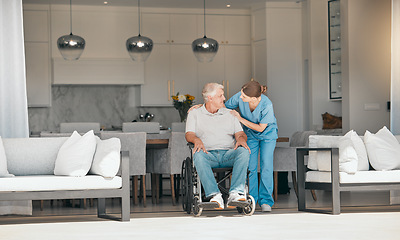 Image showing Woman, doctor and elderly care with wheelchair for support, trust or nursing in retirement or old age home. Female nurse or caregiver talking to senior man or person with a disability in living room