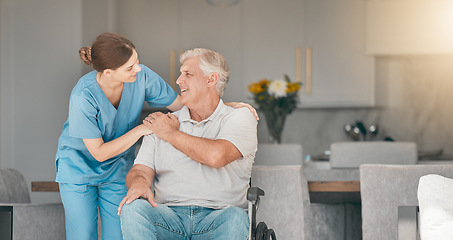 Image showing Woman, doctor and wheelchair in elderly care for support, trust or nursing in retirement or old age home. Female nurse or caregiver talking to senior man or person with a disability in living room