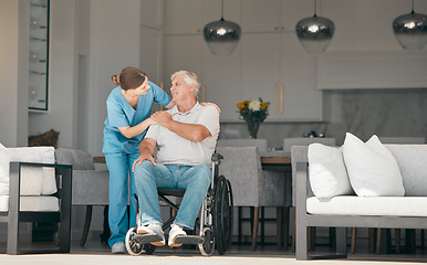 Image showing Woman, doctor and wheelchair in elderly care for nursing, support or trust in retirement or old age home. Female nurse or caregiver talking to senior man or person with a disability in living room