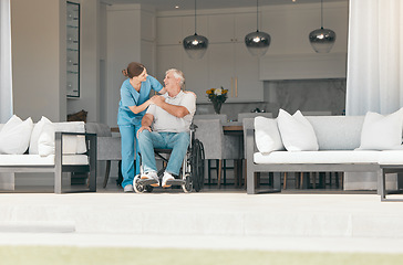 Image showing Old man in wheelchair, nurse or caregiver talking for healthcare support at nursing home. Love, help or doctor speaking to senior patient or elderly person with a disability for care, empathy or hope