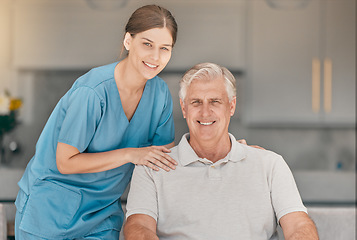 Image showing Happy woman, doctor and portrait with senior in elderly care, nursing or support at retirement home. Female person, nurse or caregiver smile with mature man for career, trust or healthcare at house