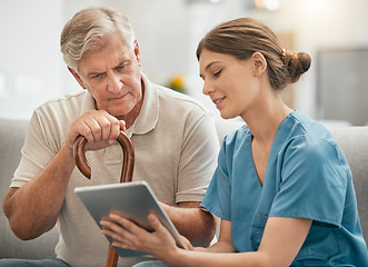 Image showing Nursing home, senior man and nurse with tablet results, medical exam info or digital report online. Reading data, history check or mature patient consulting healthcare worker or therapist for advice