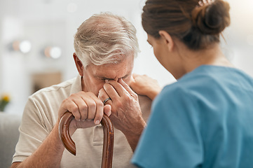 Image showing Nurse, support and sad senior man with cane, depression and anxiety in home. Caregiver, comfort and help elderly person with a disability, walking stick and empathy for stress, retirement and pain