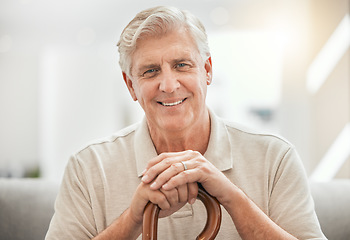 Image showing Nursing home, portrait and happy senior man with a walking stick in a living room with positive attitude. Smile, face and retired elderly male with a disability in a lounge cheerful during recovery