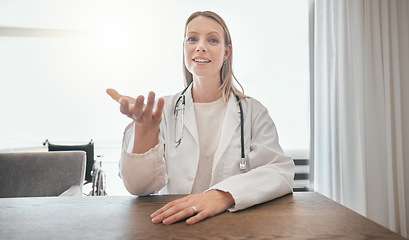 Image showing Doctor, video call and portrait of woman in office with consultation, advice and telehealth or healthcare webinar. Nurse, talking or medical conversation, conference or virtual meeting in hospital