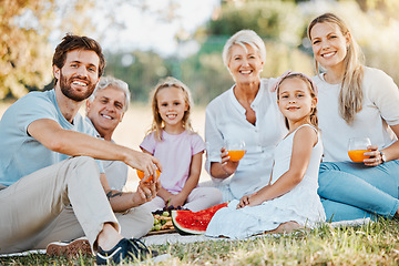 Image showing Park picnic, portrait and happy family children, parents and grandparents eating fruits, drink orange juice and enjoy outdoor nature. Love, grandpa and relax senior grandma, dad or mom bond with kids