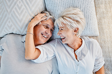 Image showing Love, summer and a senior couple from above, laughing at a funny joke together for happy romance. Comic, retirement dating or affection with an elderly man and woman in the countryside to relax