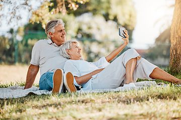 Image showing Picnic, selfie and senior couple with love, relax and connection with social media, retirement and marriage. Romance, outdoor and old woman with elderly man, digital app and relationship with bonding