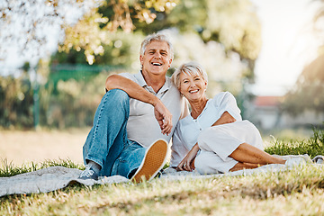 Image showing Senior couple, portrait or picnic in park for love, support or bonding retirement in Australia nature garden. Smile, relax and elderly man and happy woman on blanket in backyard grass field for break