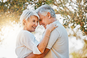 Image showing Senior happy couple, laughing or hug in nature garden for love, support or bonding retirement trust. Woman smile, relax or elderly man in embrace for relationship, connection and together in backyard