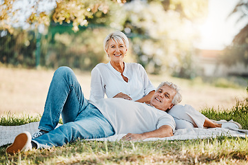 Image showing Senior happy couple, portrait or picnic in park for love, support or bonding retirement in Australia nature garden. Smile, relax and elderly man and woman on blanket in backyard grass field for break