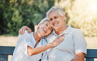 Image showing Senior happy couple, laughing or park bench in nature garden for love, support or bonding retirement trust. Smile, relax or elderly man hugging woman in backyard with joke, funny news or relationship