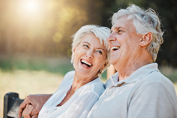 Image showing Senior couple, laughing or park bench in nature garden for love, support or bonding retirement trust. Smile, woman or elderly man in backyard for joke, funny news or relationship on lens flare space