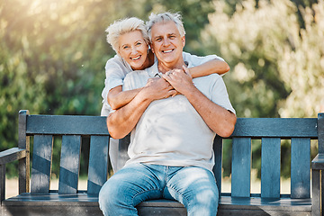 Image showing Senior happy couple, portrait or hug on park bench for love, support or bonding retirement trust in nature garden. Smile, relax or elderly woman embrace man in Australia backyard for marriage loyalty