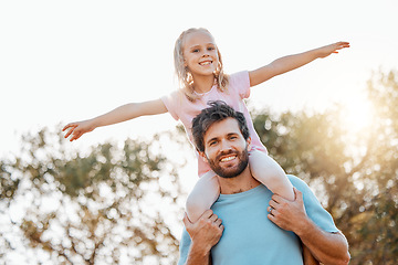 Image showing Airplane, love and portrait of father with child in a park at sunrise with care and happiness together in nature. Bonding, smile and dad with energy for kid happy for outdoor fantasy game and freedom