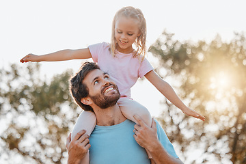 Image showing Airplane, playing and dad with child in a park at sunrise with love, care and happiness together in nature. Bonding, smile and father with energy for kid happy for outdoor fantasy game and freedom