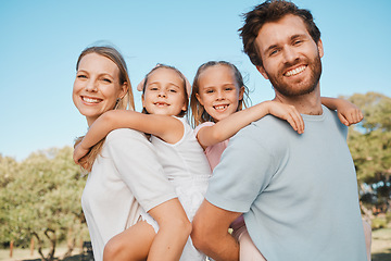 Image showing Park portrait, piggyback and happy family children, mama and father enjoy weekend together, nature or freedom. Green forest, support parents and outdoor mom, dad and youth kids bonding, care and love