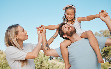 Image showing Nature, shoulder carry and happy family child, mother and father enjoy time together, park or airplane game. Summer freedom, parents and outdoor kid, mama and papa bonding, playing and piggyback girl