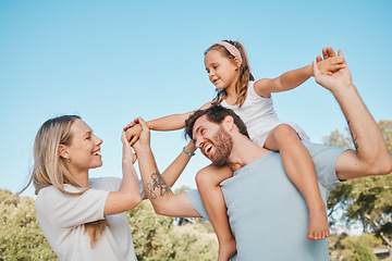 Image showing Nature, shoulder carry and happy family kid, mother and father enjoy time together, natural park or fun plane game. Freedom, support and walking mom, child and papa bonding, playing or piggyback girl