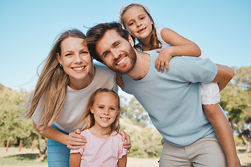 Image showing Nature portrait, smile and family children, mother and father enjoy time together, green park or relax wellness. Freedom, summer sunshine or outdoor happy mama, papa and kids bond, care and piggyback