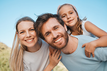 Image showing Nature portrait, happiness and family child, mother and father enjoy time together, park or outdoor wellness. Freedom, summer holiday and face of happy mom, dad and young kid bonding, care and love