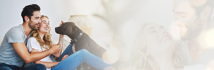 Image showing Happy, couple and relax with dog in home, mockup and banner for foster, adoption or love for rescue pitbull. People, pet and double exposure with space for puppy, info or care for animal in house