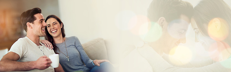 Image showing Bokeh, coffee or happy couple talking in home living room bonding or laughing at joke together. Love, mockup space or funny man in conversation, speaking or drinking espresso tea with woman on sofa