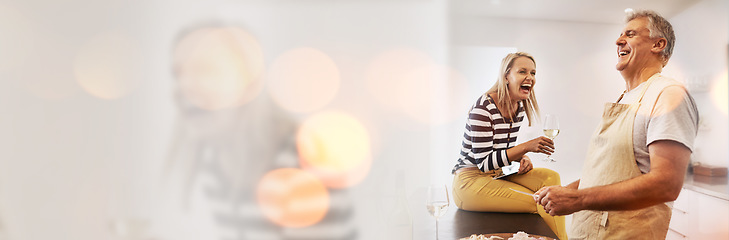 Image showing Laughing, double exposure and couple in kitchen with cooking, love and mockup space at home. Food, marriage and funny joke of happy people together with smile at a house with care and support