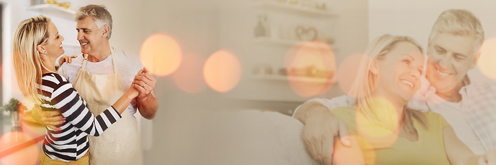 Image showing Senior couple, love and dance in a kitchen with overlay, romance and bond at home. Double exposure, romance and elderly people happy together in their house with care, security and fun in retirement