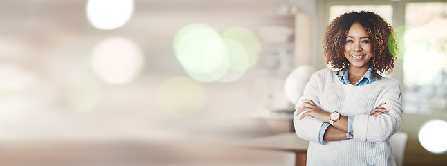 Image showing Portrait, banner and business woman with arms crossed, bokeh and mockup space. Face, confidence and happy real estate agent, worker and employee in new property, house or apartment in South Africa