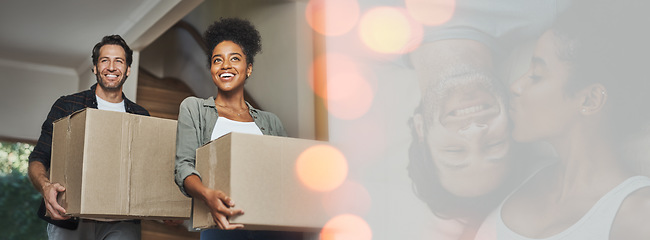 Image showing Walking, mockup or happy couple with boxes in new home for investment, property or real estate. Interracial, bokeh or excited man with a biracial woman in a house with loan success, goal or security