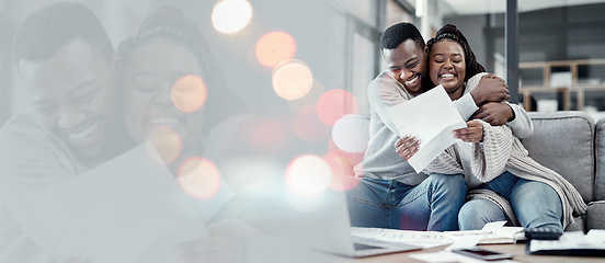 Image showing Couple, documents and hug for home budget, financial success or loan application on living room sofa and banner. African people with bank letter for mortgage, investment and love with double exposure