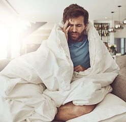 Image showing Man, headache and pain, sick and tired at home with medical condition or stress while in living room. Migraine, health fail and brain fog, vertigo and dizziness with influenza, fever and illness