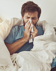 Image showing Man, blowing nose and sneeze, sick with allergies or influenza, virus and bacteria with health fail at home. Toilet paper, illness and healthcare with crisis or disaster, medical condition and flu