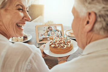 Image showing Senior, couple and happy birthday video call in home with cake, family and happiness in celebration. Old people, smile and congratulations for festive day in retirement with love, care and support