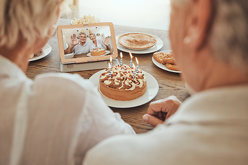 Image showing Senior, couple and happy birthday video call in home with cake, family and happiness in celebration. Old people, smile and congratulations for festive day in retirement with love, care and support