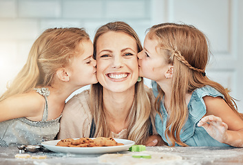 Image showing Family, kiss and smile in kitchen for cooking, love and bonding with children on mothers day. Happy mom and kids, baking and care in home, breakfast and snacks for nutrition, fresh cookies and food