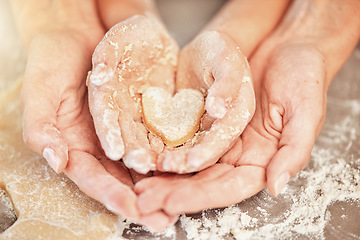 Image showing Hands, baking and heart with mother, kid and bonding together as daughter, learning or helping. Family, love and child development with quality time, baker and dough with skills, support and teaching