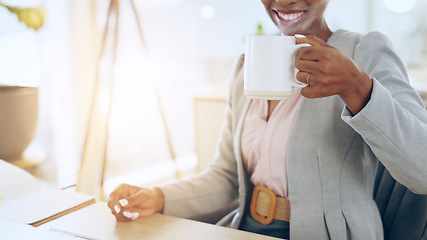 Image showing Morning, business woman and coffee at desk, office and smile in workplace, corporate and employee. Happiness, ready and relax with tea as professional, african and entrepreneur to work, job and enjoy