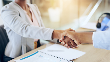 Image showing People and handshake in closeup at interview, recruitment and hiring with agreement, job and office. Human resource expert, business owner and management with b2b, shaking hands and onboarding