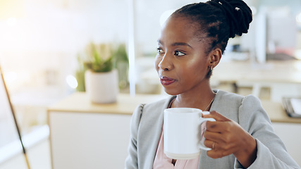 Image showing Coffee, thinking and business woman in office for planning, brainstorming ideas and strategy. Corporate worker, professional and person with beverage, tea and caffeine for working, project and report