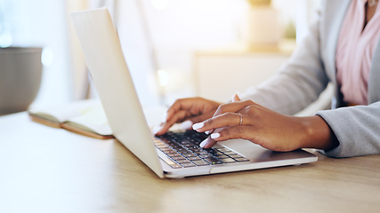 Image showing Closeup, business and woman with a laptop, typing and connection with network, online reading and website information. Hands, person and employee with a pc, email notification and email notification