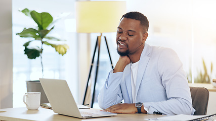 Image showing Business man, neck pain and stress on computer for debt, company budget report or financial mistake in office. African employee with health risk, fatigue and tired for accounting deadline on laptop