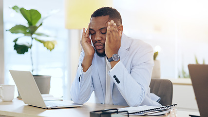 Image showing Business man, headache and pain on computer for office planning, Human Resources crisis and mistake or payroll error. African worker or employee with fatigue, tired and stress for news or career fail