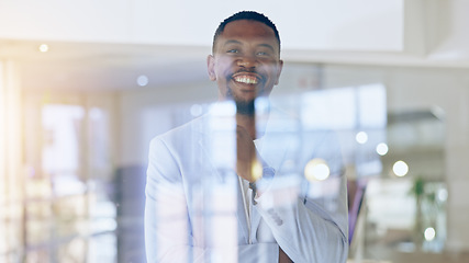 Image showing Portrait, business and happy black man in office at window for corporate career in company. Face, smile and African professional lawyer, confident attorney or employee working in Nigeria at workplace