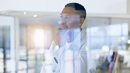 Image showing Thinking, memory and African businessman in the office with brainstorming or problem solving face. Idea, planning and professional male ceo standing by window with reflection face in workplace.