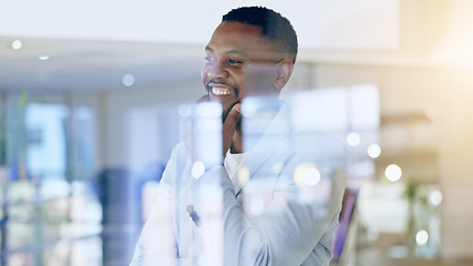 Image showing Idea, smile and glass with a business black man thinking about the future growth of his company. Mindset, opportunity and a happy young employee in a corporate or professional office for work