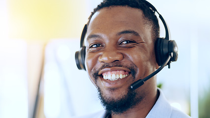 Image showing Portrait, call center and happy black man in telemarketing, support and help desk in office. Customer service, sales agent and face of African consultant, business professional and smile in Nigeria