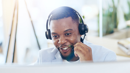 Image showing Call center, computer and happy black man talking for telemarketing, crm support and contact at help desk in office. Customer service, sales agent and consultant in communication, advice and business