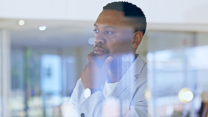 Image showing Thinking, idea and African businessman in the office with brainstorming or problem solving face. Memory, planning and professional male ceo standing by window with reflection face in workplace.